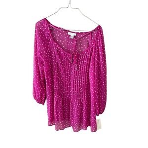 Charter Club Blouse Top Women Medium Pink Pleated Scoop Neck 3/4 Sleeve Pullover